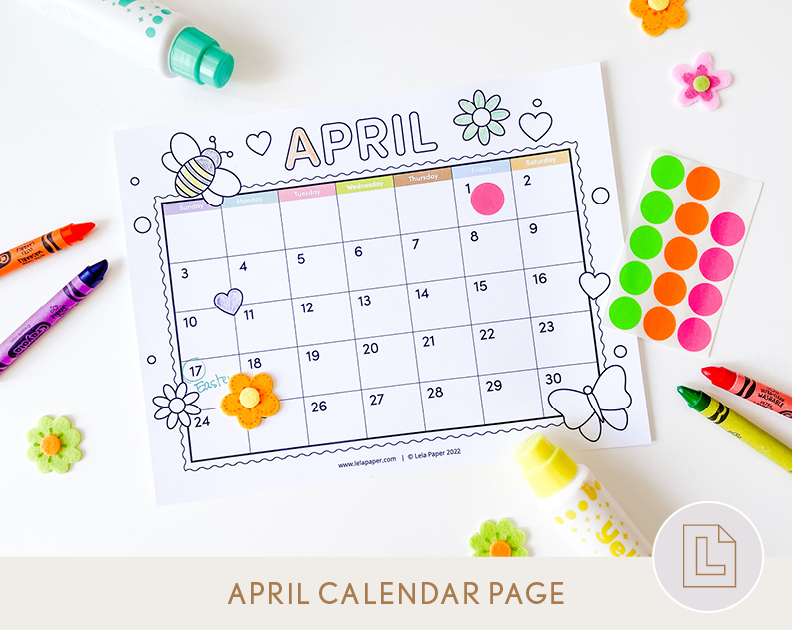 Free Monthly Calendar Printable for Kids April Link