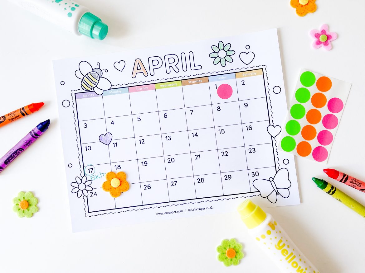 Free April Printable Monthly Calendar Page for Kids